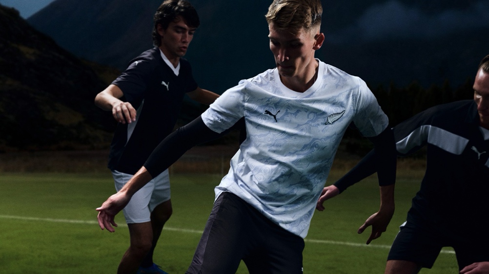 Front of the New Zealand 2026 away football shirt