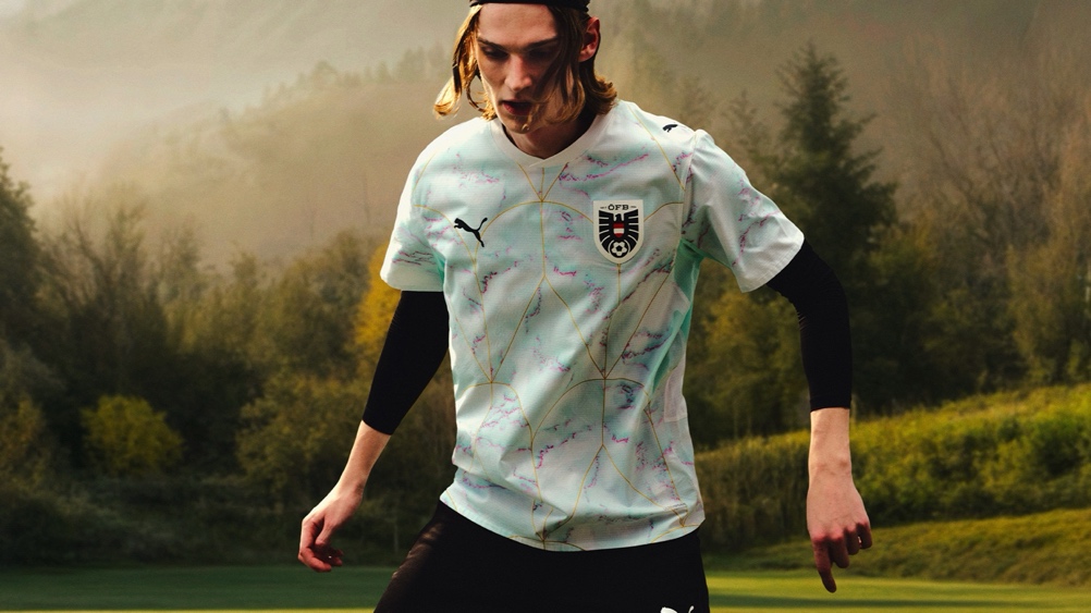 Front of the Austria 2026 away football shirt